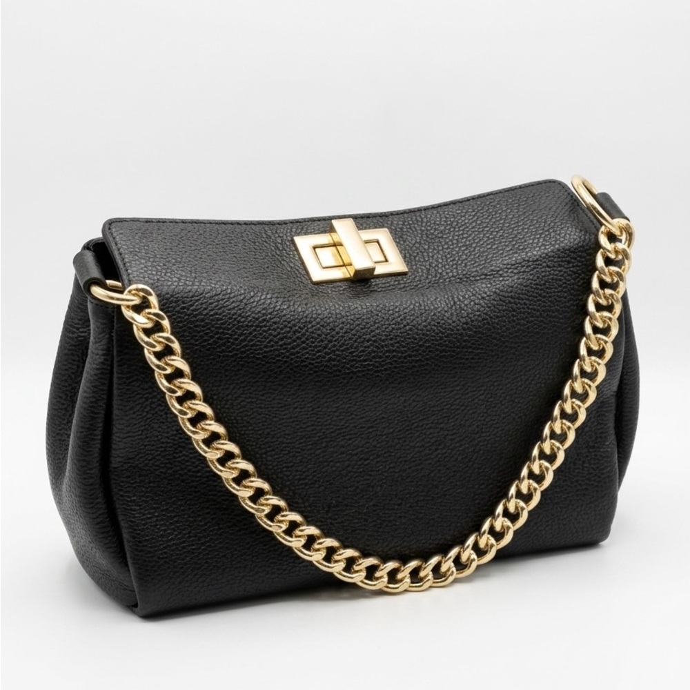 Made in Italy Black Leather Shoulder Bag with Gold Chain